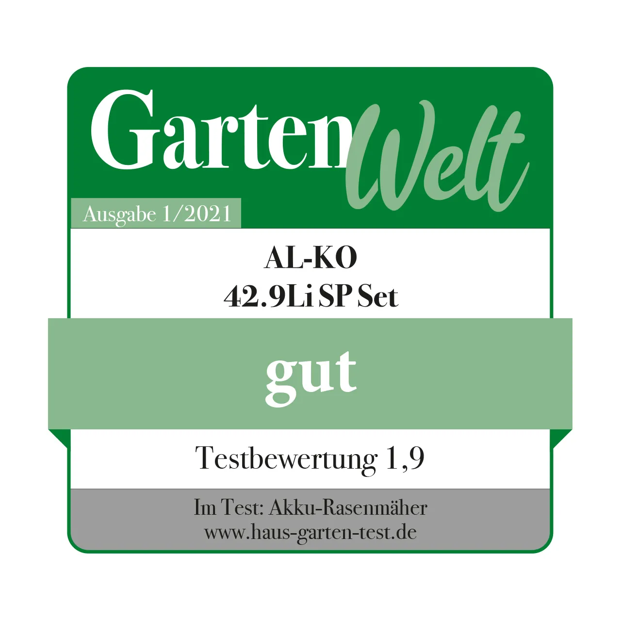 Testsiegel Gartenwelt | AL-KO Akku-Rasenmäher 42.9 Li SP Set